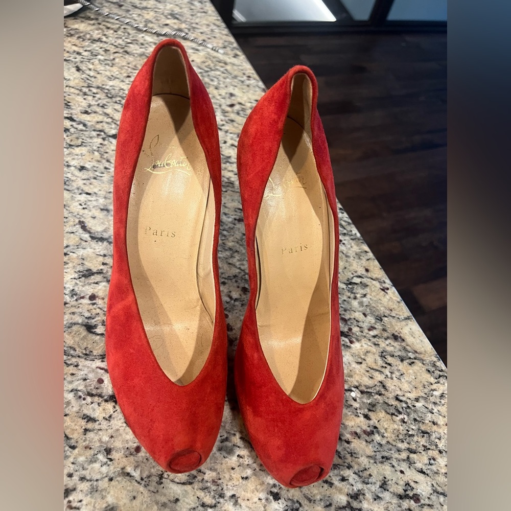 Christian Louboutin Red Suede Peep-toe.